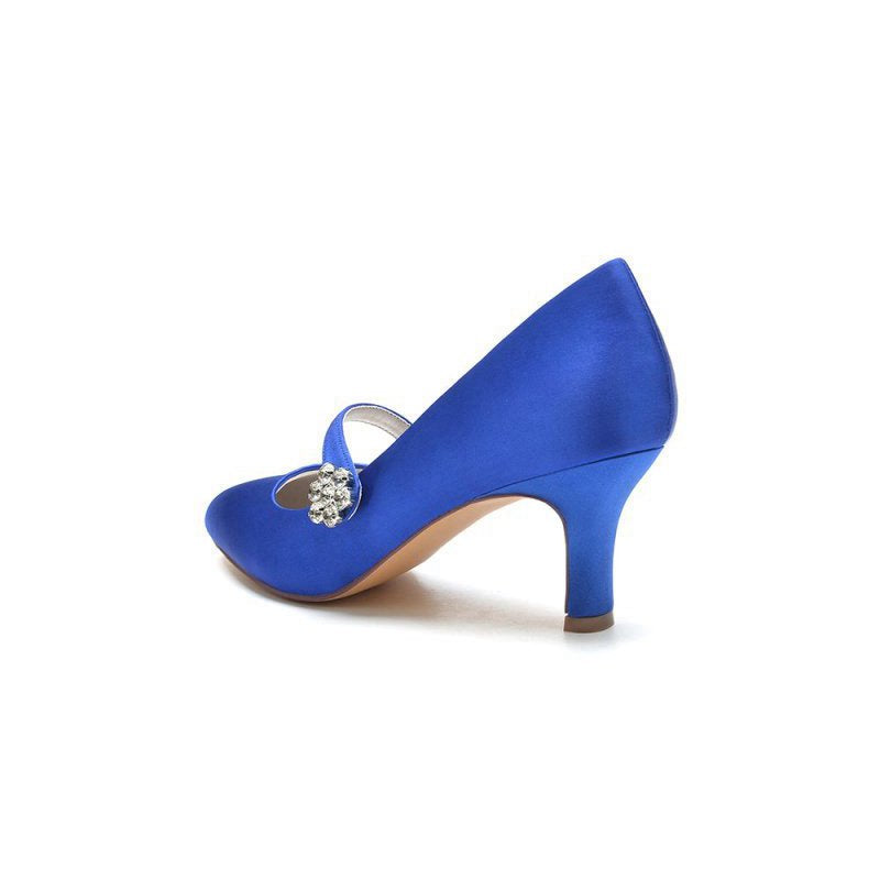 Round Toe Crystal Buckle Strap Chunky Heels