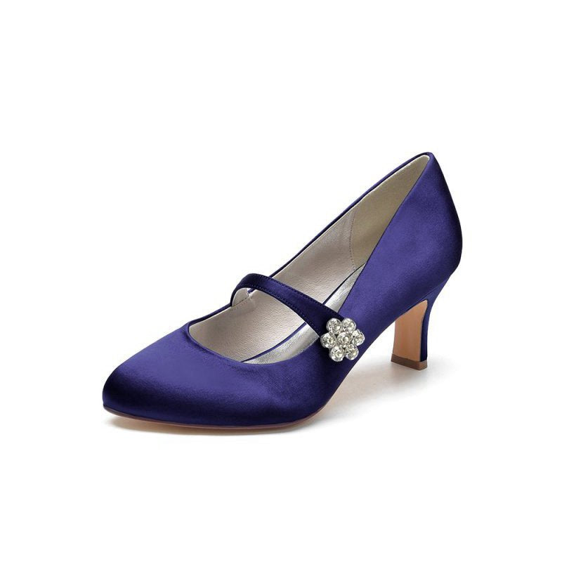 Round Toe Crystal Buckle Strap Chunky Heels