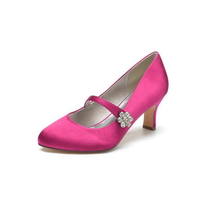 Round Toe Crystal Buckle Strap Chunky Heels