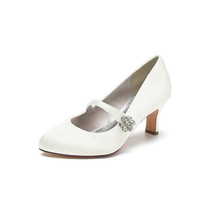 Round Toe Crystal Buckle Strap Chunky Heels