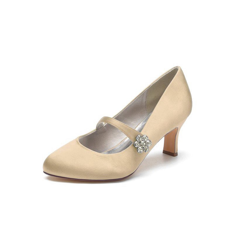 Round Toe Crystal Buckle Strap Chunky Heels