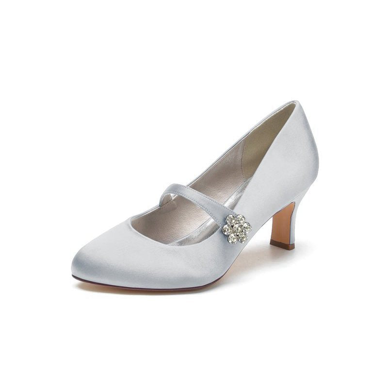 Round Toe Crystal Buckle Strap Chunky Heels