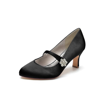 Round Toe Crystal Buckle Strap Chunky Heels