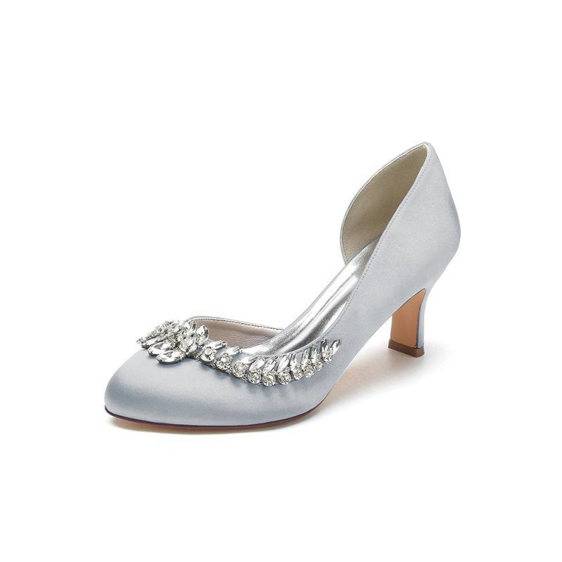 Round Toe Crystal Leaf Chunky Heels