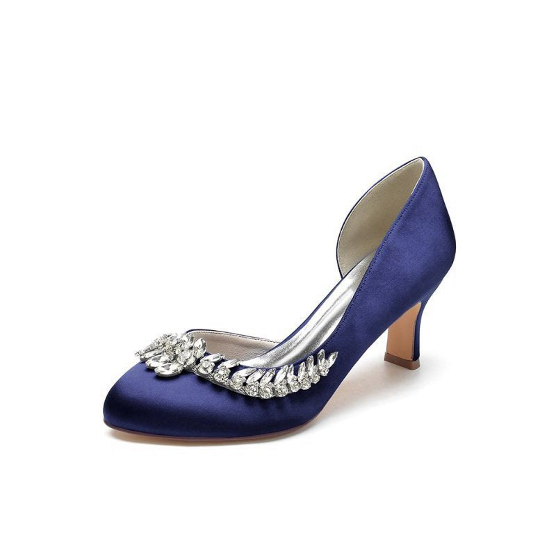 Round Toe Crystal Leaf Chunky Heels