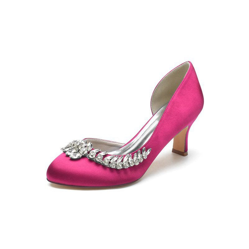 Round Toe Crystal Leaf Chunky Heels