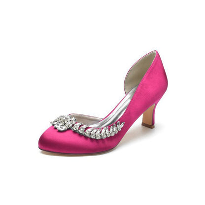 Round Toe Crystal Leaf Chunky Heels