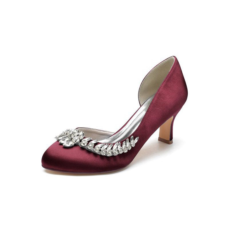 Round Toe Crystal Leaf Chunky Heels