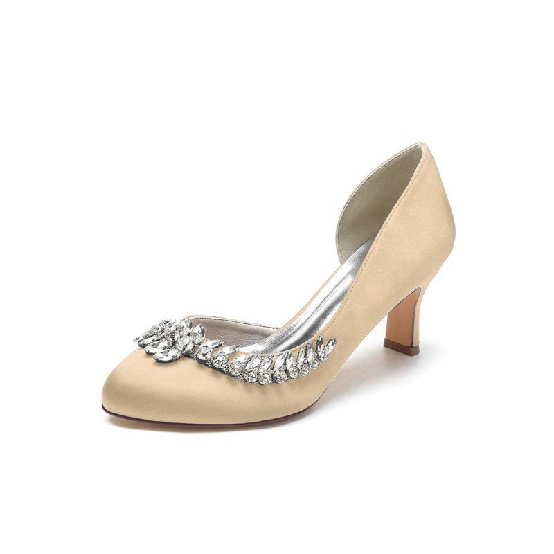 Round Toe Crystal Leaf Chunky Heels