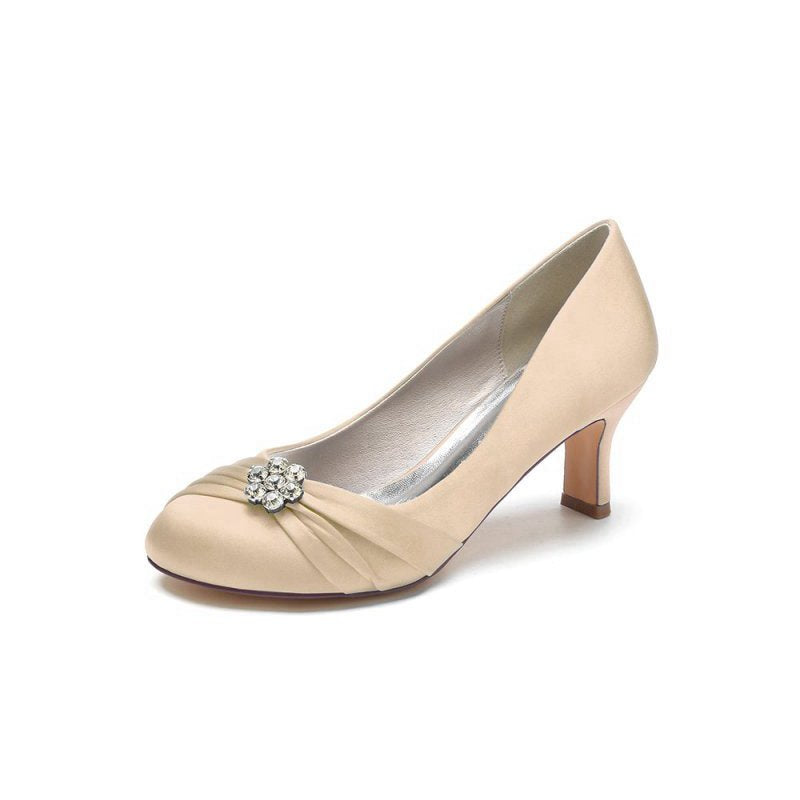 Round Toe Crystal Flower Chunky Heels