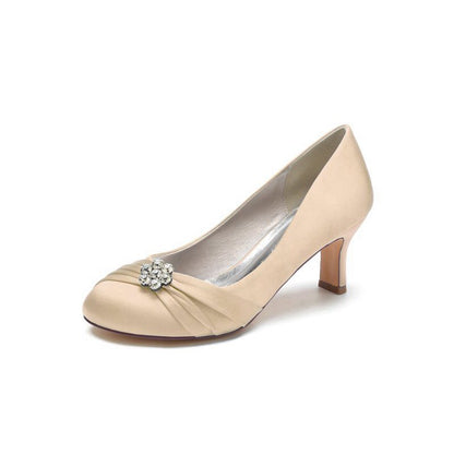 Round Toe Crystal Flower Chunky Heels