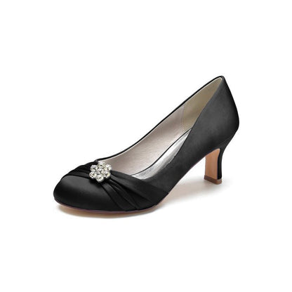 Round Toe Crystal Flower Chunky Heels