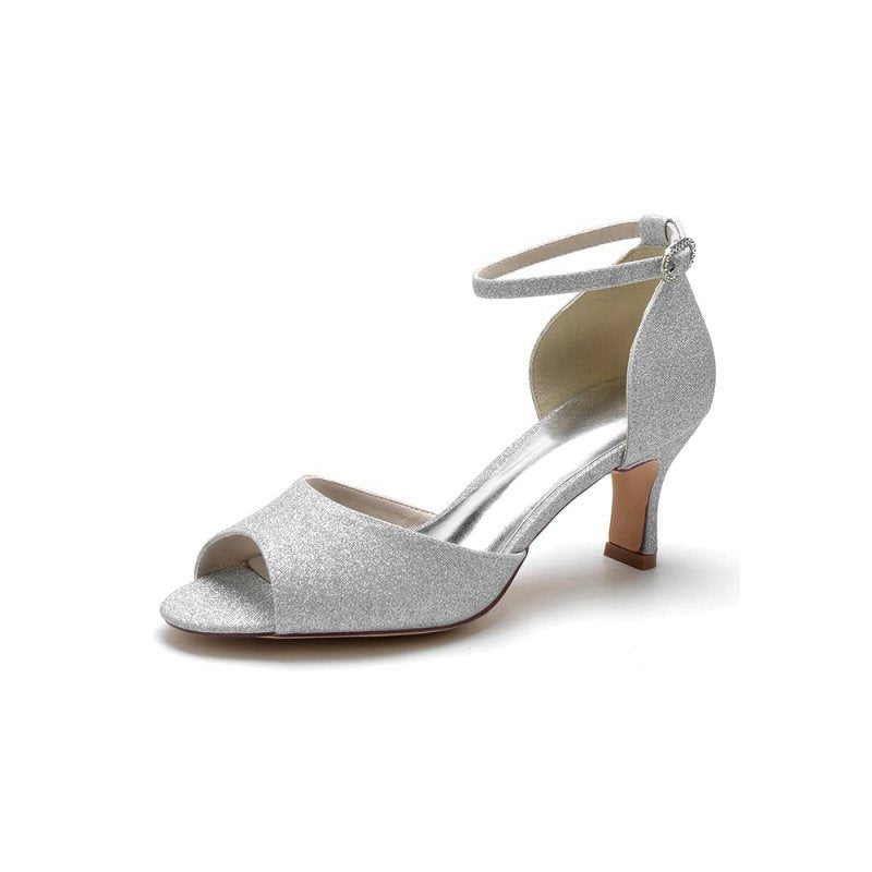 Simple Sequin Open Toe Chunky Heels
