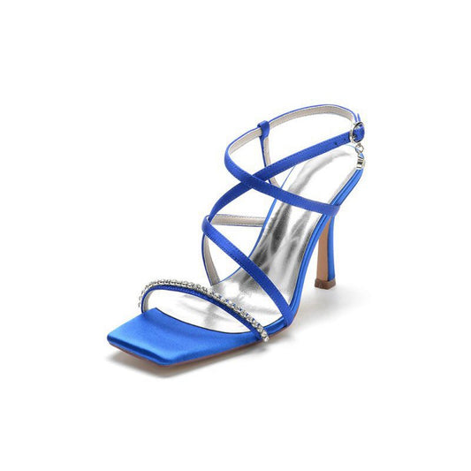 Square Open Toe Crystal Cross Straps Chunky Heels