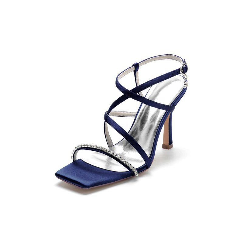 Square Open Toe Crystal Cross Straps Chunky Heels