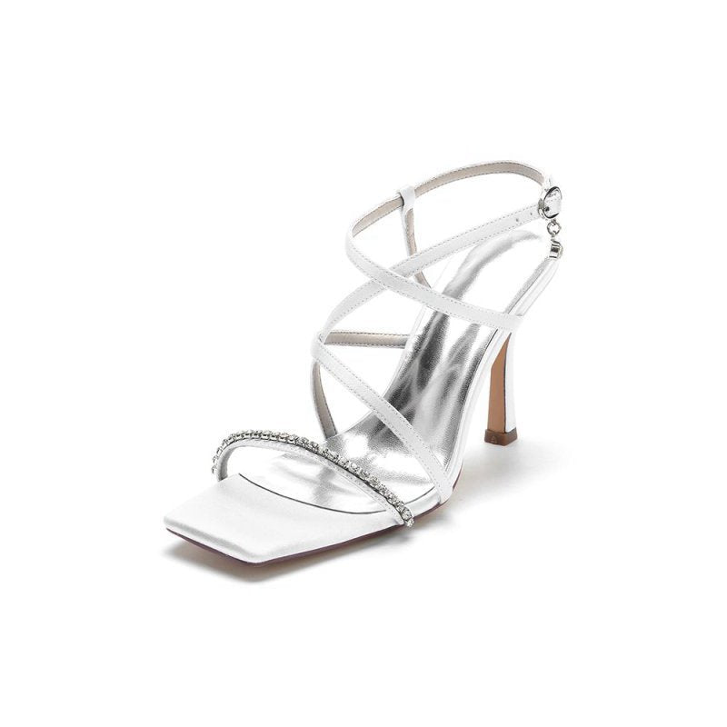 Square Open Toe Crystal Cross Straps Chunky Heels