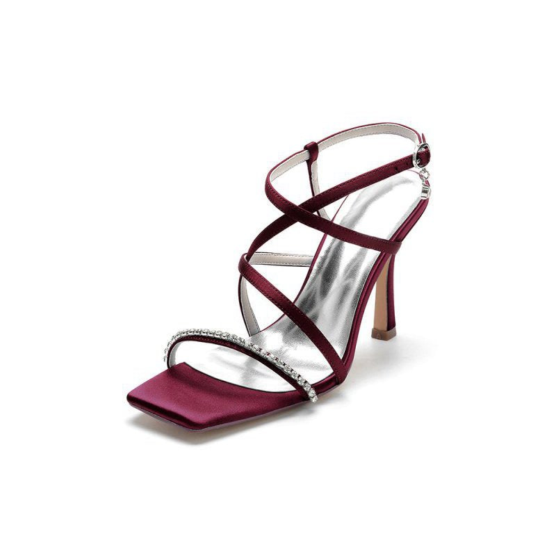 Square Open Toe Crystal Cross Straps Chunky Heels