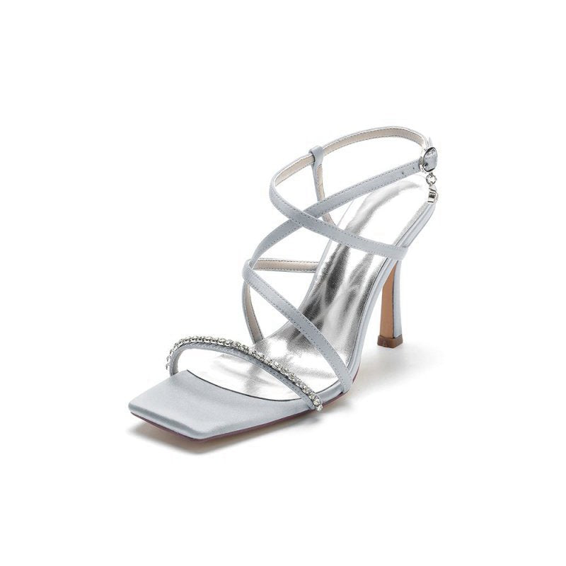 Square Open Toe Crystal Cross Straps Chunky Heels