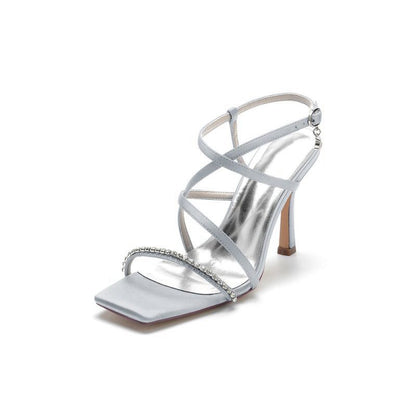 Square Open Toe Crystal Cross Straps Chunky Heels