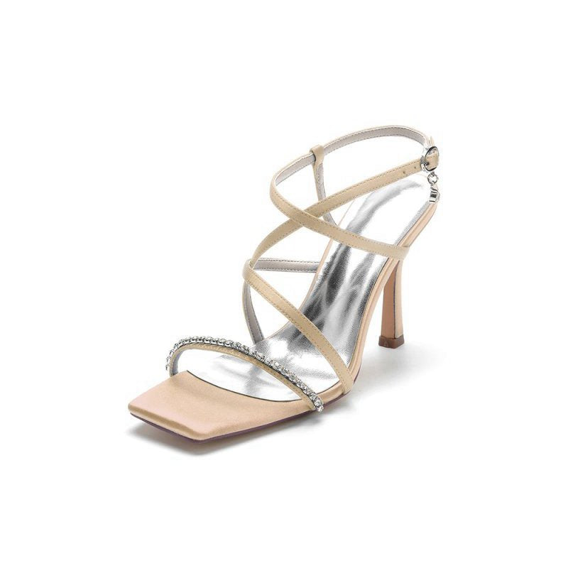 Square Open Toe Crystal Cross Straps Chunky Heels