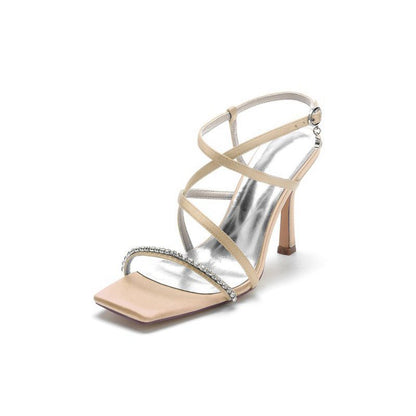 Square Open Toe Crystal Cross Straps Chunky Heels