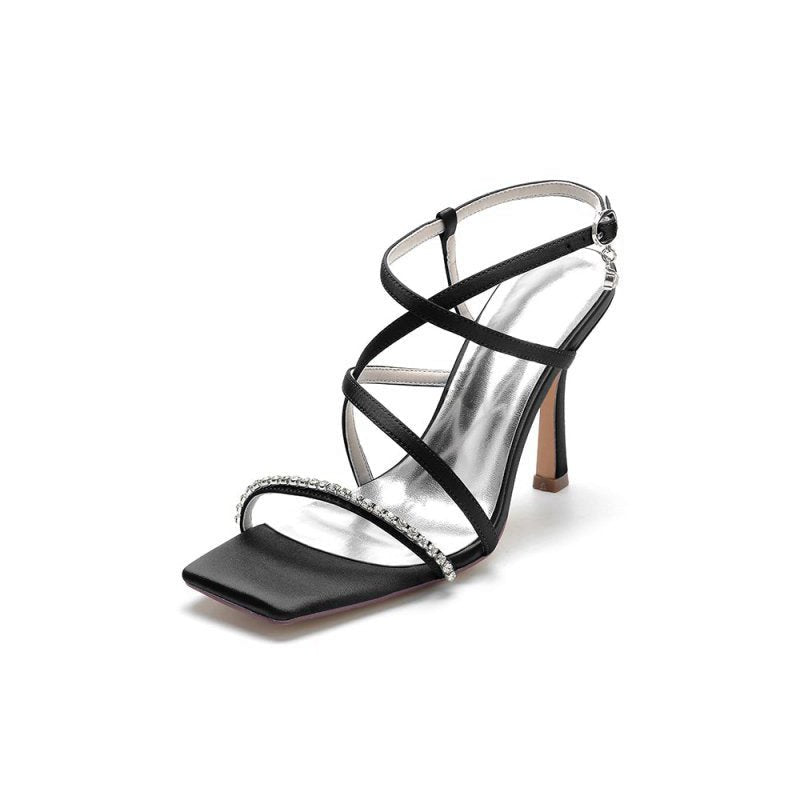 Square Open Toe Crystal Cross Straps Chunky Heels