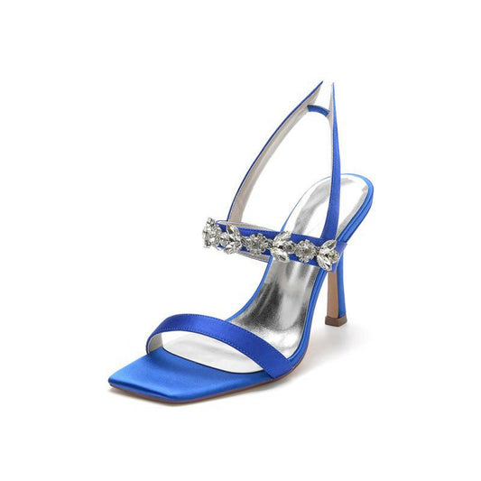 Unique Square Open Toe Crystal Strap Chunky Heels