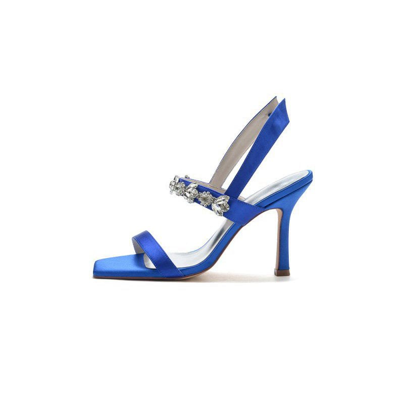 Unique Square Open Toe Crystal Strap Chunky Heels