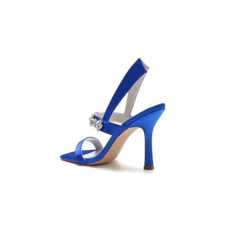 Unique Square Open Toe Crystal Strap Chunky Heels