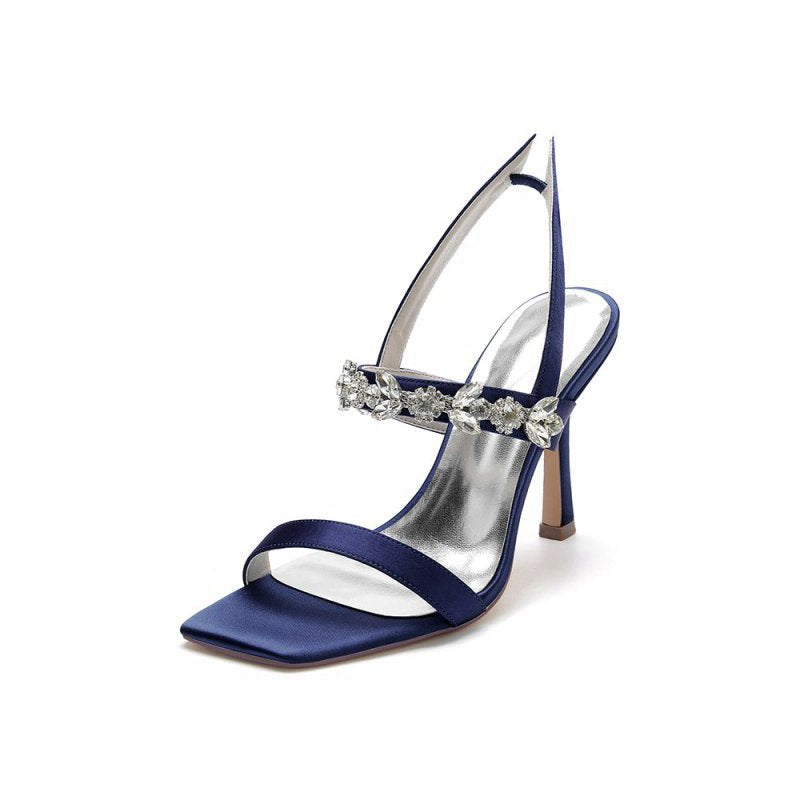 Unique Square Open Toe Crystal Strap Chunky Heels