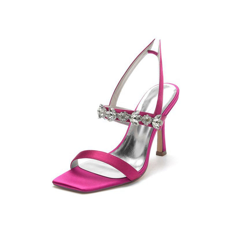 Unique Square Open Toe Crystal Strap Chunky Heels