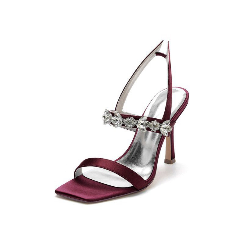 Unique Square Open Toe Crystal Strap Chunky Heels