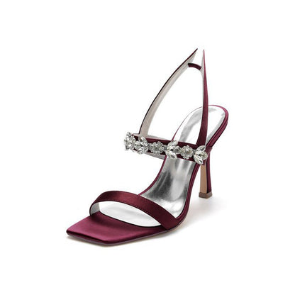 Unique Square Open Toe Crystal Strap Chunky Heels
