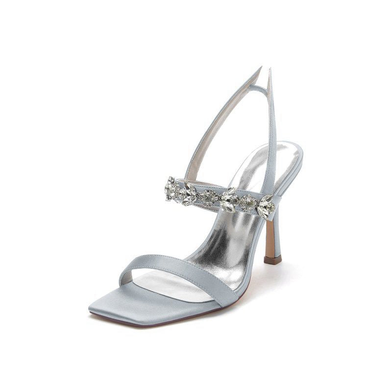 Unique Square Open Toe Crystal Strap Chunky Heels