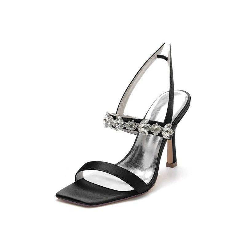 Unique Square Open Toe Crystal Strap Chunky Heels