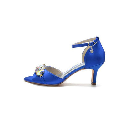 Rhinestone Open Toe Buckle Strap Chunky Heels