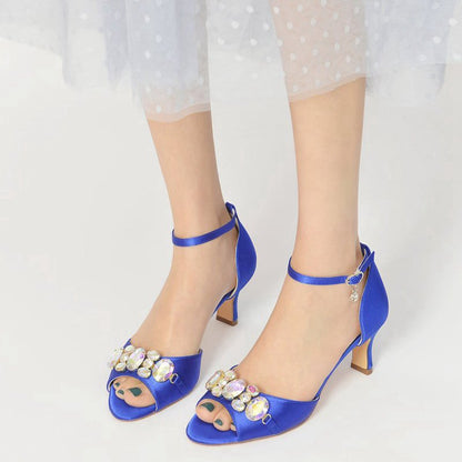 Rhinestone Open Toe Buckle Strap Chunky Heels