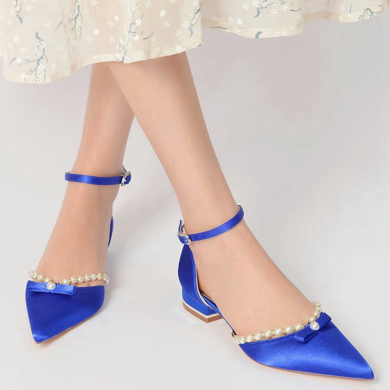 Pearl Bow Buckle Strap Pointed Toe Flats