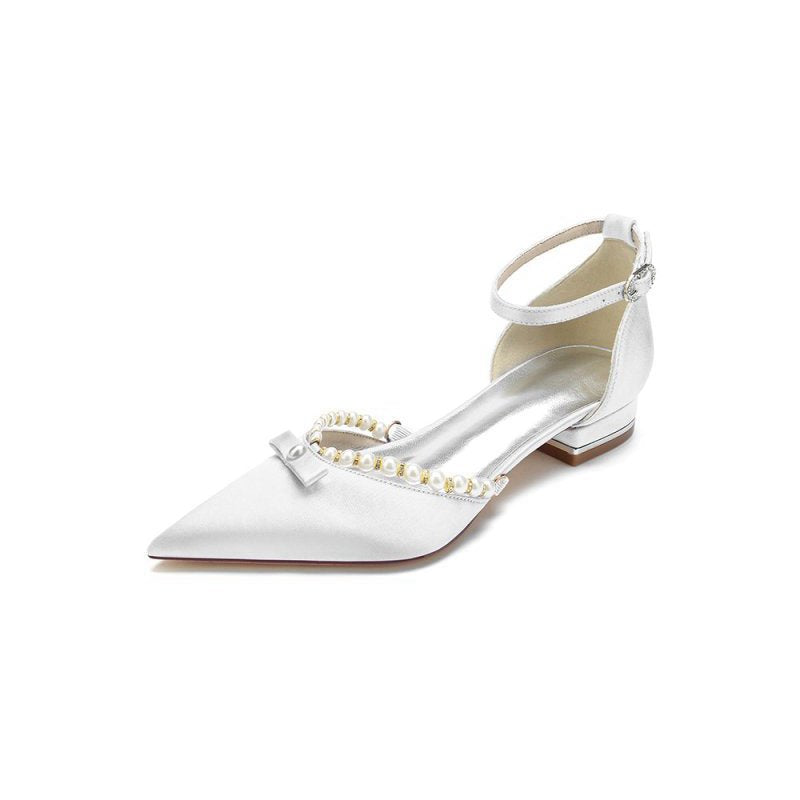 Pearl Bow Buckle Strap Pointed Toe Flats