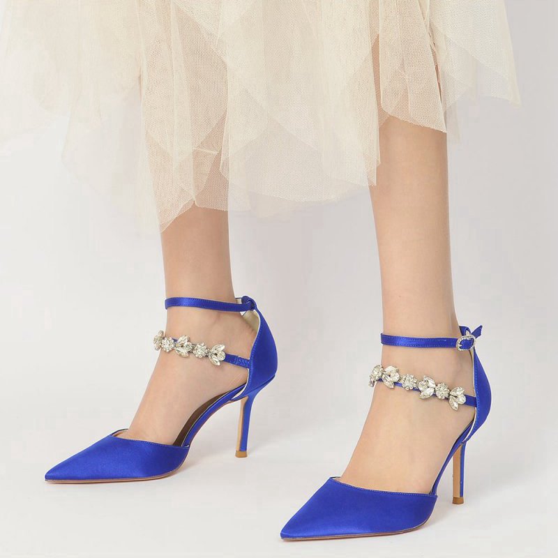 Pointed Toe Crystal Buckle Strap High Heels