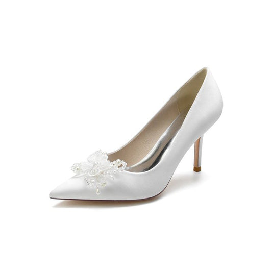 Pointed Toe Crystal & Pearl Flower Heels