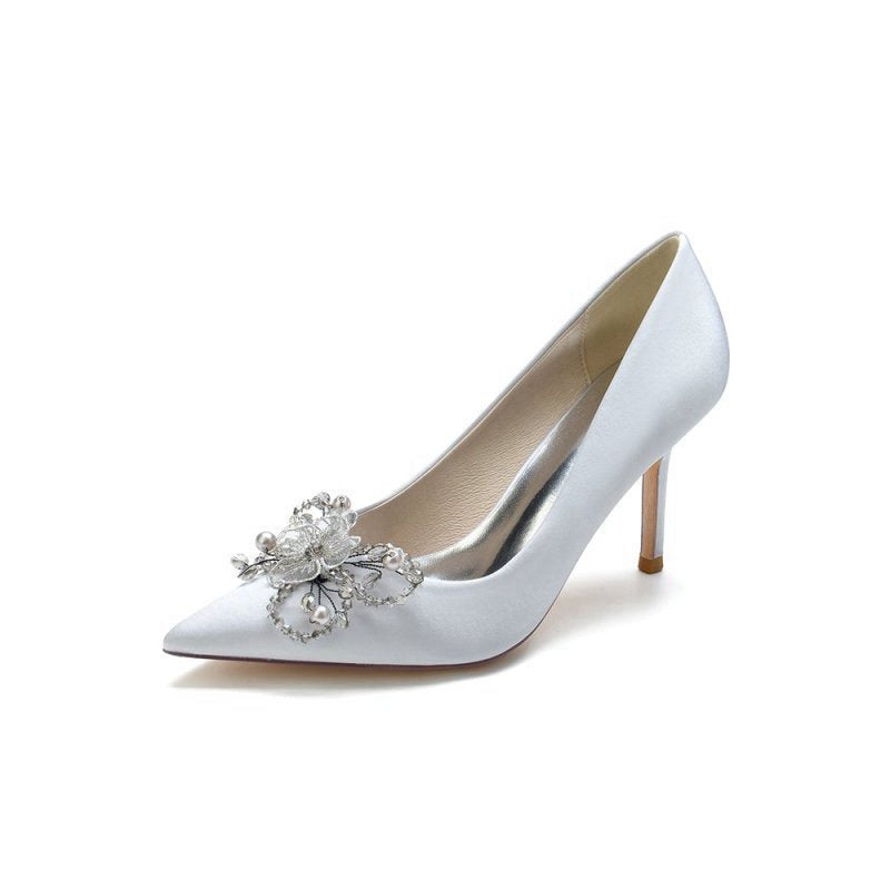 Pointed Toe Crystal & Pearl Flower Heels