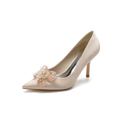 Pointed Toe Crystal & Pearl Flower Heels
