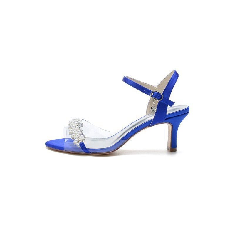 Pearl Open Toe Buckle Strap Chunky Heels