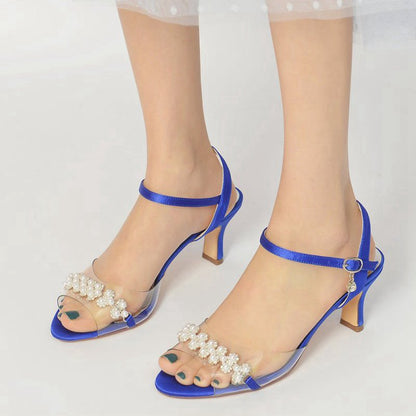 Pearl Open Toe Buckle Strap Chunky Heels
