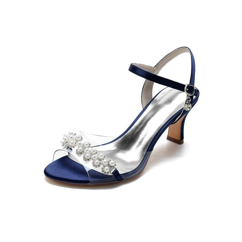 Pearl Open Toe Buckle Strap Chunky Heels