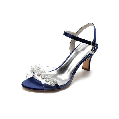 Pearl Open Toe Buckle Strap Chunky Heels