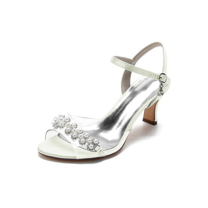 Pearl Open Toe Buckle Strap Chunky Heels