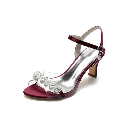 Pearl Open Toe Buckle Strap Chunky Heels