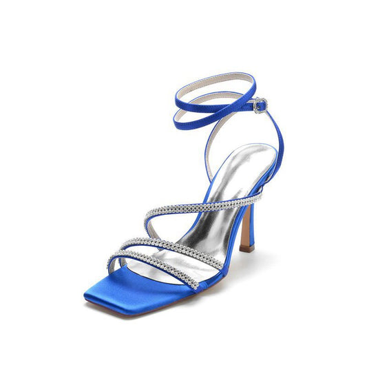 Multi Crystal Straps Square Open Toe Chunky Heels
